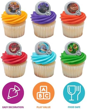 How To Train Your Dragon Rings, 24 Cupcake Toppers, Bright Colorful Dragon Shield Cupcake Decorations, Food Safe - 24 Pack