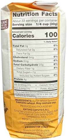 Antimo Caputo Semola Di Grano Duro Rimacinata Semolina Flour 2.2LB (1kg), Bag - All Natural Dough for Fresh Pasta (1 Bag of 2.2 Pound)