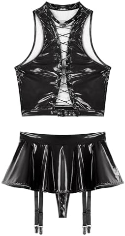 ranrann Women Sexy Latex Two Piece Lingerie Outfits Halter Top And Ruffle Mini Skirt Garter Belt Set Black Small