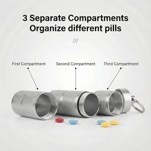 Waterproof Keychain Pill Holder - Compact, Portable, and Secure Pill Box with 3 Compartments - Pocket-Sized Pill Case and Container for Daily Medication on the Go, Sliver