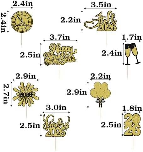 24 PCS Happy New Year Cupcake Toppers, Glitter 2026 Cupcake Picks Balloon Fireworks Clock Hello 2026,for Cheers to 2026 New Year Theme Party Decorations,Christmas,New Years Eve Party Decoration
