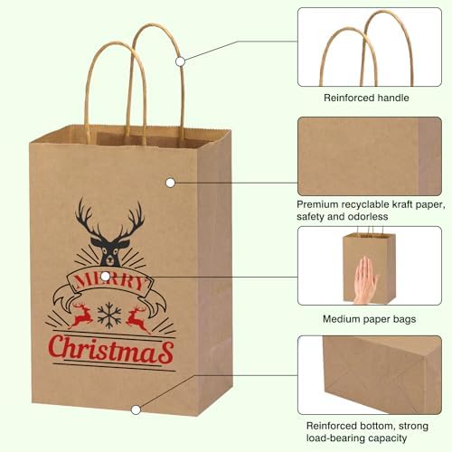 OUTUXED 150pcs Brown Paper Gift Bags, 8x4x10in Brown Kraft Paper Bags with Handles Bulk Medium Size for Retail, Shopping, Wedding, Favor, Birthday Party, Business, Grocery