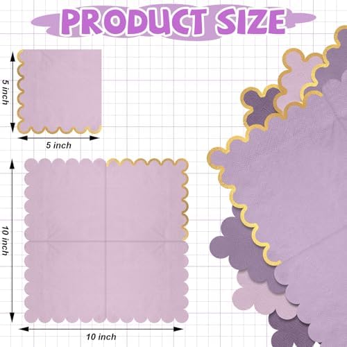 100 Pack Scalloped Cocktail Napkins with Gold Foil Accents Beverage Napkins Scalloped Disposable Paper for Wedding Shower Baby Dinner Birthday Party Supplies 5 x 5''(Purple)