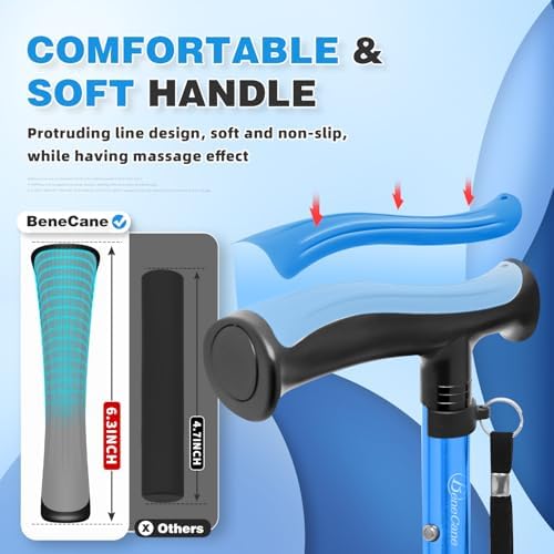 BeneCane Walking Cane for Men & Women Walking Stick for Seniors Folding Canes Quad Cane Adjustable Lightweight Sturdy Collapsible Heavy Duty with Soft TPR T-Handle and Travel Bag