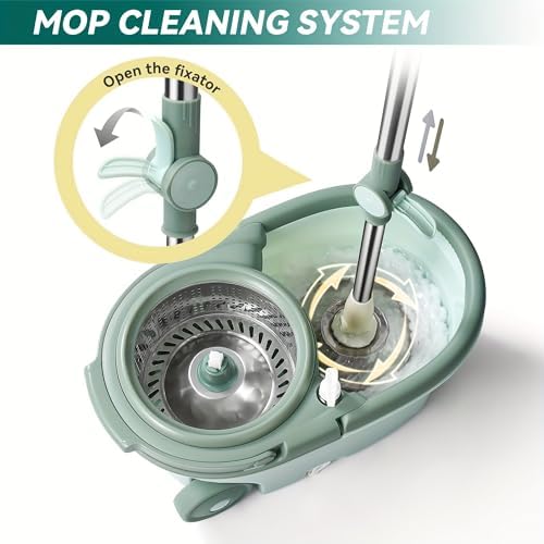 360° Spin Mop and Bucket System with Wringer - Includes 3 Microfiber Mop Refills & 50" Extended Handle for Floor Cleaning, Easy Squeeze, Efficient Home Cleaning Tool (Green)