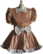 Maid Cosplay Sleeve Mini Dress Ladies Cute White Bowknot Decor Uniform PVC Patchwork A-line Pleated Dress,Light Brown,S