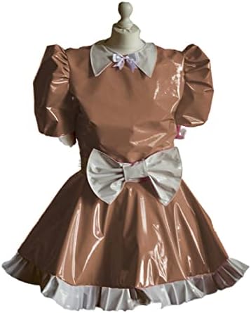 Maid Cosplay Sleeve Mini Dress Ladies Cute White Bowknot Decor Uniform PVC Patchwork A-line Pleated Dress,Light Brown,S