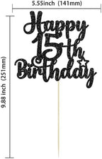 Gyufise 1Pc Happy 15th Birthday Cake Topper Glitter 15 & Fabulous Cheers to 15 Years Old Cake Pick for Celebrating 15th Birthday Anniversary Party Cake Decorations Supplies Black