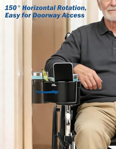 JOYTUTUS Wheelchair Cup Holder, 2-in-1 Walker Cup Holder with 6.4'' Large Storage Box, Drink Holder for Bottle with Handle, Fit for Wheelchair, Walker, Rollator, Stroller, Camper, Golf cart (Large)