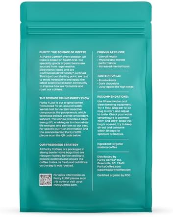 Purity Coffee FLOW Original Medium Roast Ground (12oz Bag) | Specialty-Grade USDA Organic Arabica Blend | Third Party Tested for Mold, Mycotoxins & Pesticides