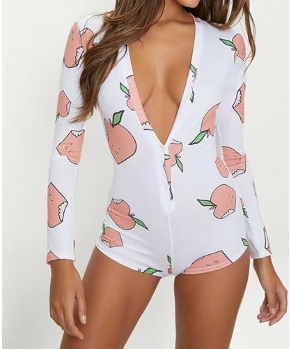 Women Butt Button Back Flap Pajamas Long Sleeve V Neck Shorts Jumpsuit One Piece Bodysuits Bodycon Romper Overall
