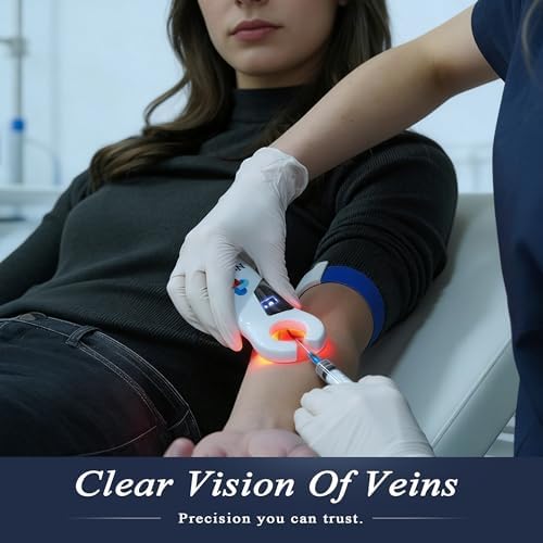 Vein Finder for IV Access Phlebotomy – Portable Red LED Hand Held Vein Finder for Nurses, Adjustable Brightness, Rechargeable Battery w/Display – Vien Viewer Light Device for Finding Veins – (White)