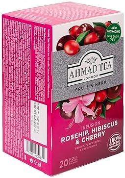 Ahmad Tea Rosehip & Cherry Infusion, 20-Count Tea Bags, Rosehip, Hibiscus & Cherry , 1.4 Oz, (Pack of 6)
