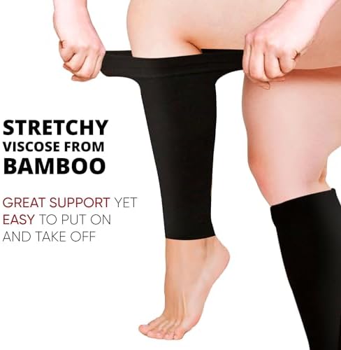 BAMS Plus Size Calf Compression Sleeve for Women & Men, Viscose from Bamboo Extra Wide Leg Support for Shin Splints, Leg Pain Relief and Support, Swelling, Travel (Calf Black, XL)