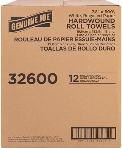 Genuine Joe Embossed Hardwound Roll Towels, 2" Core, 1-Ply, 7.8" x 600', White, 12 Count