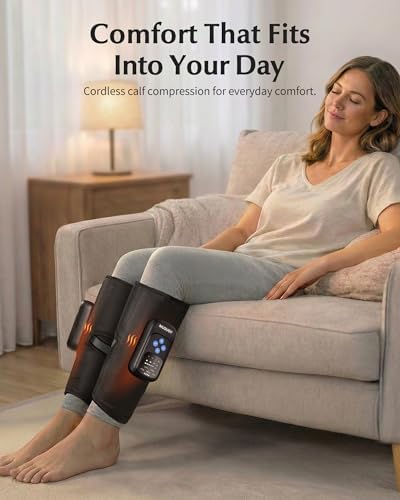 Cordless Calf Massager with Heat and Compression : Rechargeable Leg Compression Massager with 5 Modes, 5 Intensities for Pain Relief and Circulation - Calf Massage Device for Muscle Recovery