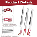 3 PCS Tweezers with Rubber Tips - Long Tweezers for Crafts Stainless Steel Bent Flat and Pointed Precision Tweezer for Stamps Coins Jewelry Crafts Industrial Electronic Lab