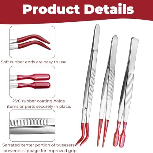 3 PCS Tweezers with Rubber Tips - Long Tweezers for Crafts Stainless Steel Bent Flat and Pointed Precision Tweezer for Stamps Coins Jewelry Crafts Industrial Electronic Lab