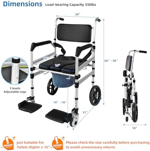 TooCust Rolling Shower Wheelchair with Commode, 350lbs Heavy Duty Transport Chair, 10-Inch Solid Rear Wheels, Water-Resistant Padded Seat, 4-in-1 Bariatric Bathroom Safety Aid for Seniors