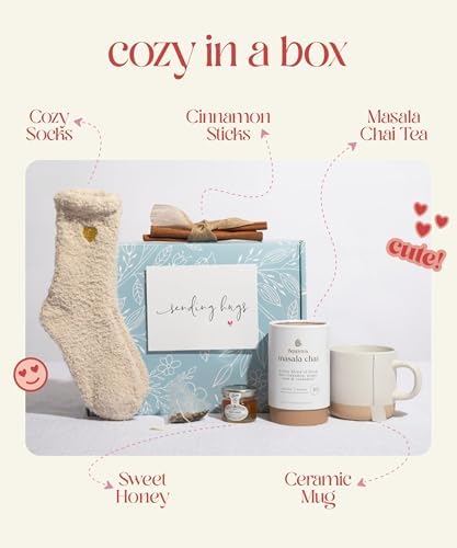 UnboxMe Tea Gift Basket for Women - Valentines Self Care Box with Cozy Socks, Mug, Chai Tea, Honey & Cinnamon, Relaxation Care Package
