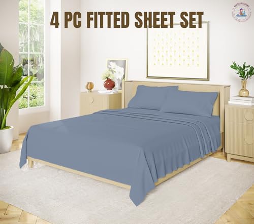 Luxurious Microfiber 4 Piece Sheet Set 8" inch Deep Pocket with 1 Flat Sheet,1 Fitted Sheet, 2 Pillow Cases - Medium Blue - Queen Size