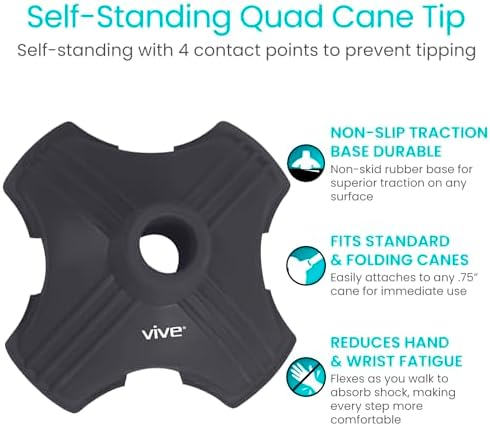 Vive Cane Tip - Self Standing Quad Base Replacement for Most Walking Canes, Walking Sticks, Folding Canes or Offset Quad Pod or Tripod Canes - 4 Prong Rubber Cane Foot Pad