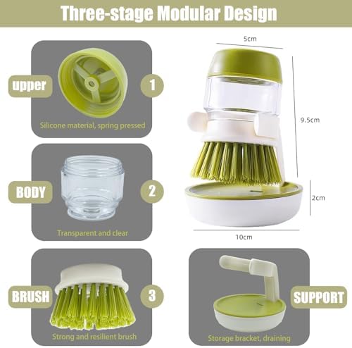 Soap Dispenser with Dish Brush and Storage Bracket, Easy to Clean Kitchen Utensils and Sink, Gray