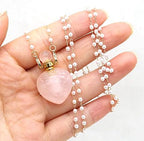 1pcs Natural Rose Quartz Stone Perfume Bottle Pendant Pearl Bead Chain Rectangle Heart Necklace for Women Jewelry Free Accessory Glasses