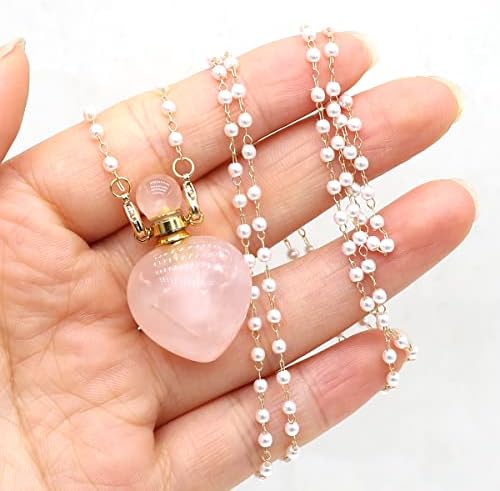 1pcs Natural Rose Quartz Stone Perfume Bottle Pendant Pearl Bead Chain Rectangle Heart Necklace for Women Jewelry Free Accessory Glasses