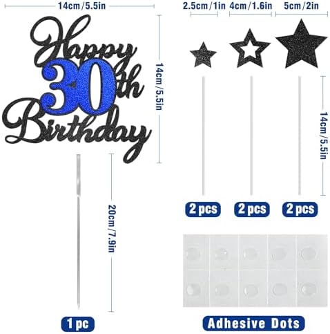 Happy 30th Birthday Cake Toppers, Black Blue Glitter Cake Decorations Set, 30th Birthday Decor, Birthday Anniversary Party Decorations Supplies