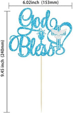 Ephlyn 1Pcs God Bless Cake Topper Glitter Dove Cross Christening First Communion Cake Pick Baptism Cake Decorations for Religious Theme Party Baby Shower Birthday Party SuppliesBlue