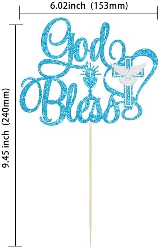 Ephlyn 1Pcs God Bless Cake Topper Glitter Dove Cross Christening First Communion Cake Pick Baptism Cake Decorations for Religious Theme Party Baby Shower Birthday Party SuppliesBlue