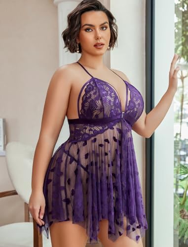 Avidlove Plus Size Lingerie Lace Babydoll Womens Teddy Chemise V Neck Nighty Mesh Sleepwear Front Slit Nightdress