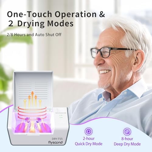 FLYSOUND Hearing Aid Dryer Dehumidifier, Dual Mode Drying Selection, Hearing Aid Drying Box Cleaning Kit, Removes Sweat & Moisture for Hearing Aids,Amplifiers,Earbuds (White)
