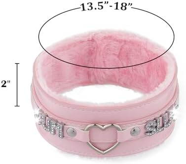 Pink Furry Heart O-ring Leather Choker Collar For Women, Handmade Punk Gothic Letter Necklace Adjustable Fashion Jewelry
