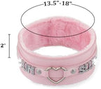 Pink Furry Heart O-ring Leather Choker Collar For Women, Handmade Punk Gothic Letter Necklace Adjustable Fashion Jewelry