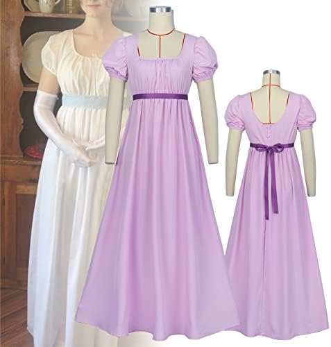 Regency Dresses for Women with Satin Sash Ruffled Puff Sleeve Empire Waist Dress Gown