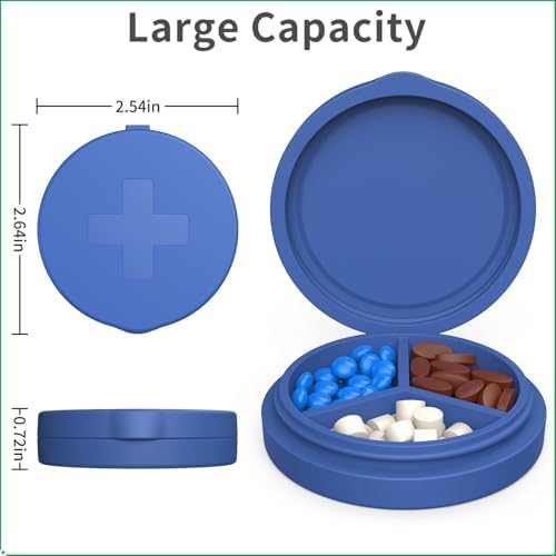 2 Pack Small Pill Box,3 Compartment Round Silicone Travel Pill Box for Purse Pocket, Waterproof Portable Compact Medicine Holder for Vitamin, Cod Liver Oil, Supplement(Purple+Blue)