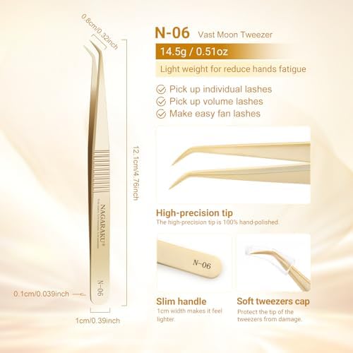 NAGARAKU Professional Eyelash Extension Tweezers, Precision Tip Stainless Steel Gold Lash Tool Curved Angled for Individual & Volume for Salon & Personal Use, Super Light Weight Easy Fanning (N-06)