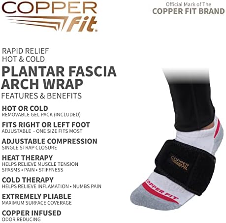 Copper Fit Rapid Relief Plantar Fascia Arch Foot Wrap with Hot or Cold Gel Pack, Black, Adjustable
