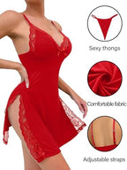 Sexy Split Side Floral Lace Trim Full Slip Night Gown Babydoll Lingerie Dress with Thong 2 piece
