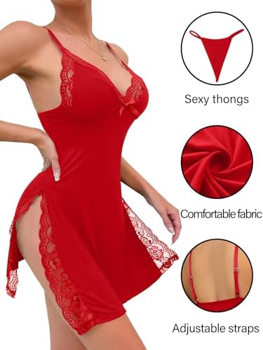 Sexy Split Side Floral Lace Trim Full Slip Night Gown Babydoll Lingerie Dress with Thong 2 piece