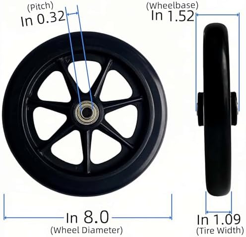 2Pcs 8 Inch Black Wheels for Walker - Universal Hard Rubber Walker Wheels Replacement, Fit Drive Rollator & Wheelchair Wheel, All-Floor Safe Rolling, Essential Walker Accessories