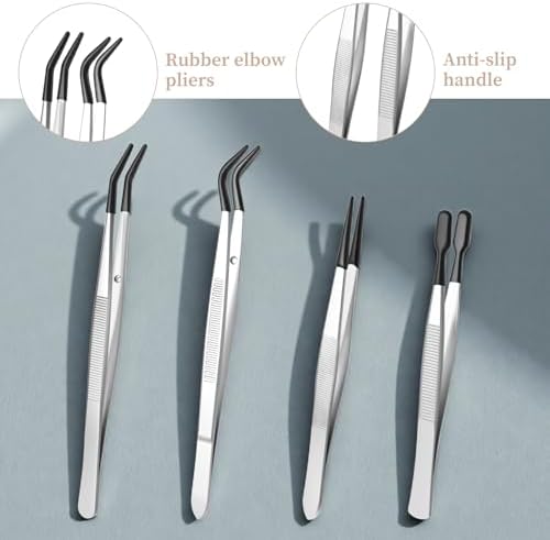 Stainless Steel Rubber Coated Tweezers, 4 PCS Tweezers with Rubber PVC Coated Set Rubbers Straight Flat Tip Long Bent Tweezer Rubbers Straight Tip Tweezer for Crafting Stamp Jewelry Industrial Lab