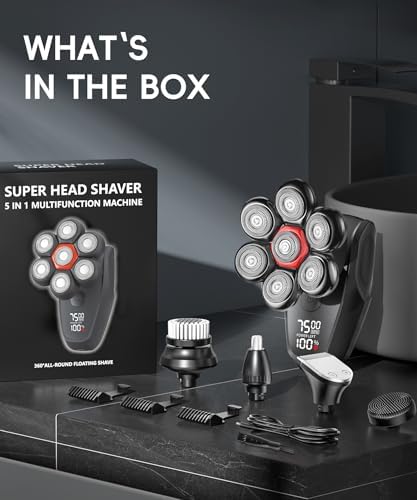 Head shavers for Bald Men 5-in-1 Men's Grooming Kit, 7D Rotary Electric Head Shaver, IPX8 Waterproof Wet/Dry Obsidian Black
