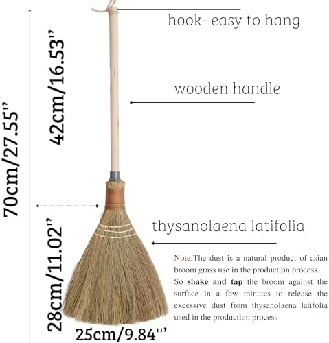 Natural Whisk Sweeping Hand Handle Broom - Vietnamese Straw Soft Broom for Cleaning Dustpan Indoor - Outdoor - Decorative Brooms - Wooden Handle - 9.84'' Width, 27.55" Length
