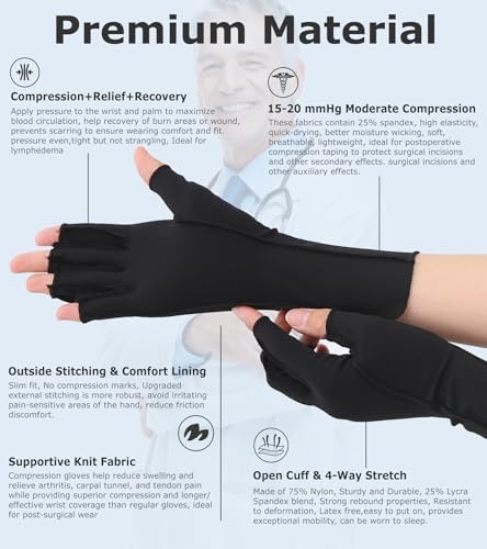 NURCOM Compression Arthritis Gloves, Rheumatoid Pain Relief Compression Gloves for Women & Men, Premium Fingerless Circulation Gloves for Arthritis & Joint Pain, Swelling, Tendonitis, 1 Pair Black S
