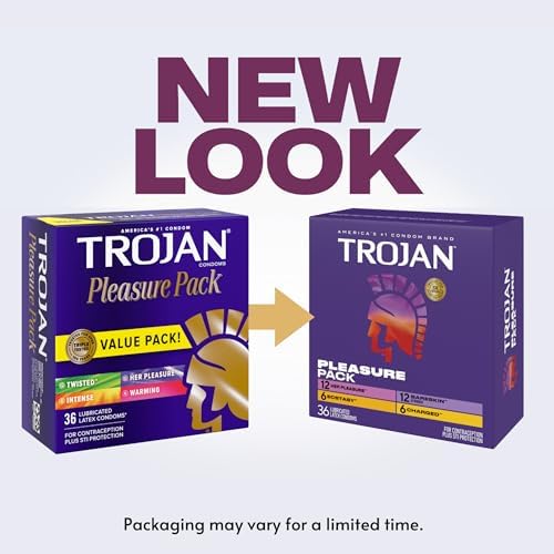 Trojan Pleasure Pack, Assorted Latex Lubricated Condoms for Men, Her Pleasure, Bareskin Studded, Ecstasy & Charged Varieties, Condom Variety Pack 36 Count