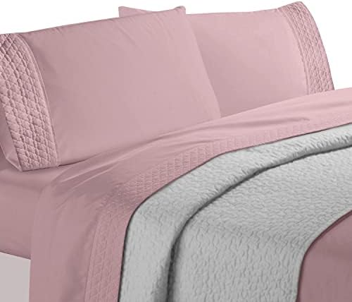 Elegant Comfort Luxurious 4-Piece Quilted Bed Sheet Set - Gift Box - 1500 Thread Count Egyptian Quality Softness - Wrinkle Resistant - All Around Elastic Fitted Sheet, Deep Pocket, Queen, Dusty Rose
