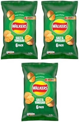 Walkers Salt and Vinegar Flavored Potato Crisps, 6 Pack, 25g Each (Pack Of 3)